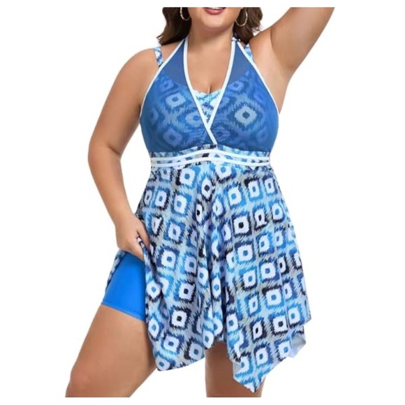 Hanna Nikole Plus Size Swim Dress Diamond Print Halter Neck Swimsuit 18W NWT - Picture 1 of 12